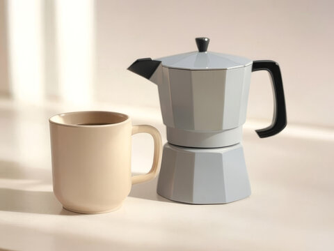 Cute Espresso Maker and Coffee Mug in Warm Tan Colors on Pleasing Daylight Background