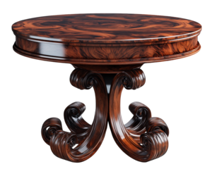 Elegant round wooden table with intricate carvings and polished finish, perfect for dining or decorative purposes. This stylish piece adds sophistication to any interior space