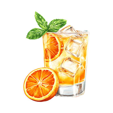 Orange fresh lemonade with ice in a glass. Carbonated drink, fruit drink, cold summer soft drink