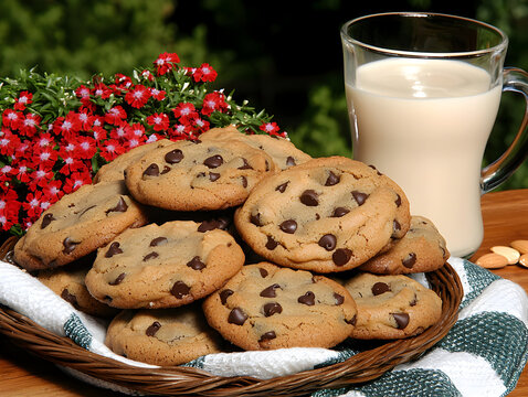basket of freshly baked chocolate chip cookies with glass of milk, set outdoors with vibrant flowers in background
