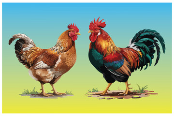 Fototapeta premium Rooster and Hen Picture. Vector Illustration or Icon