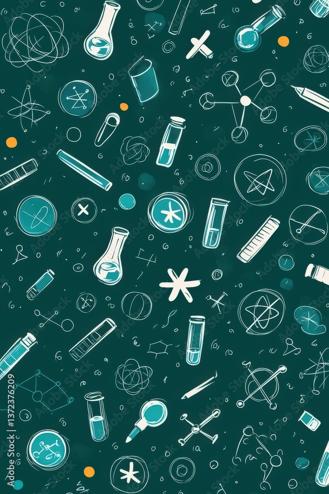 Poster a green background with many drawings of scientific instruments and objects