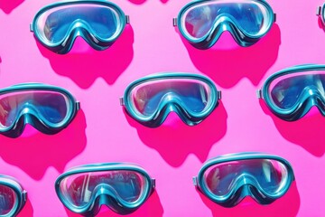 A pattern of diving goggles set against a vibrant pink background.