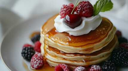 Vibrant breakfast setting featuring stacked fluffy pancakes drizzled with golden syrup topped with whipped cream and a bright cherry