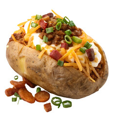 Loaded Baked Potato Chili Cheese food isolated on white background