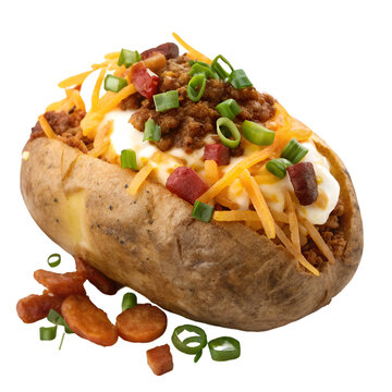 Loaded Baked Potato Chili Cheese food isolated on white background
