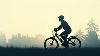 Fototapeta premium Photo realistic as Silhouette of a person and a bicycle symbolizing eco friendly transportation in double exposure with copy space. concept as A silhouette of a person merged with a bicycle representi