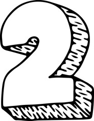 3D number two with shadow in the form of strokes hand drawn with black lines in grunge style