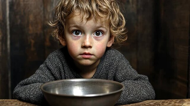 Young Boy Staring at Empty Bowl with Expression of Hunger in Rustic Wooden Setting During Difficult Times of Food Insecurity and Poverty