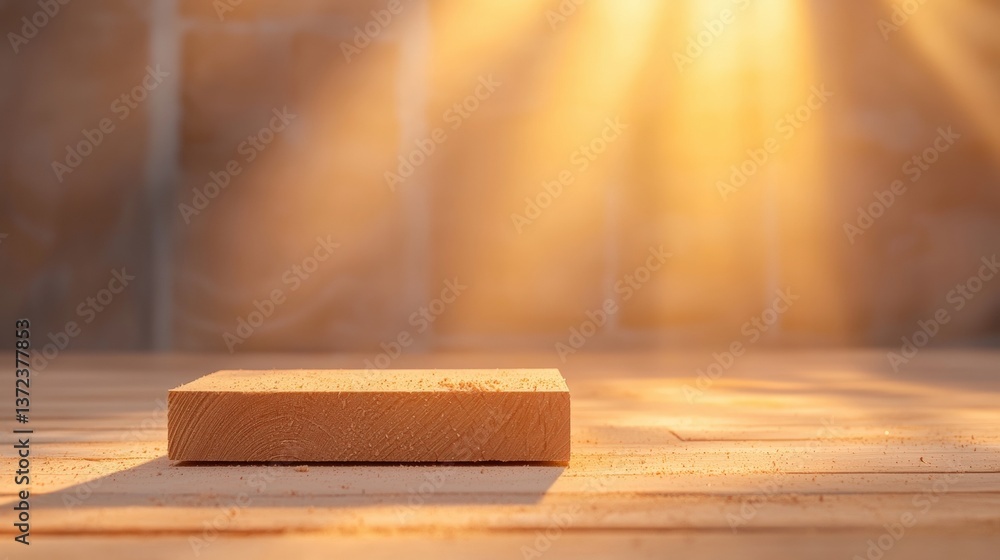 Poster A warm, illuminated wooden block rests on a surface, surrounded by soft light, creating an inviting and serene atmosphere.