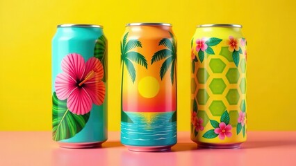 Fototapeta premium Vibrant Tropical Designs Adorn Aluminum Beverage Cans on a Pink Surface Against a Yellow Background