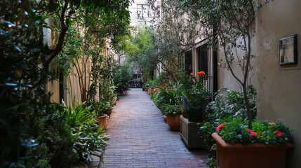 Naklejka premium Lush urban alleyway garden, pathway, sunlight filters through trees, art gallery in the background