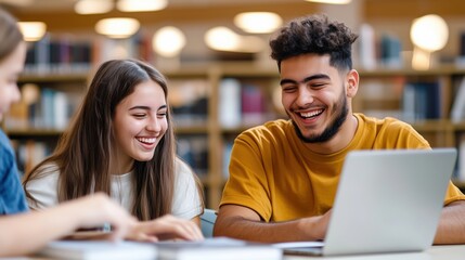 Enthusiastic Gen Z students collaborating in a bright library setting