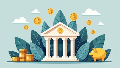 Fototapeta premium Banking and finance vector composition with savings, investment icons, and piggy bank