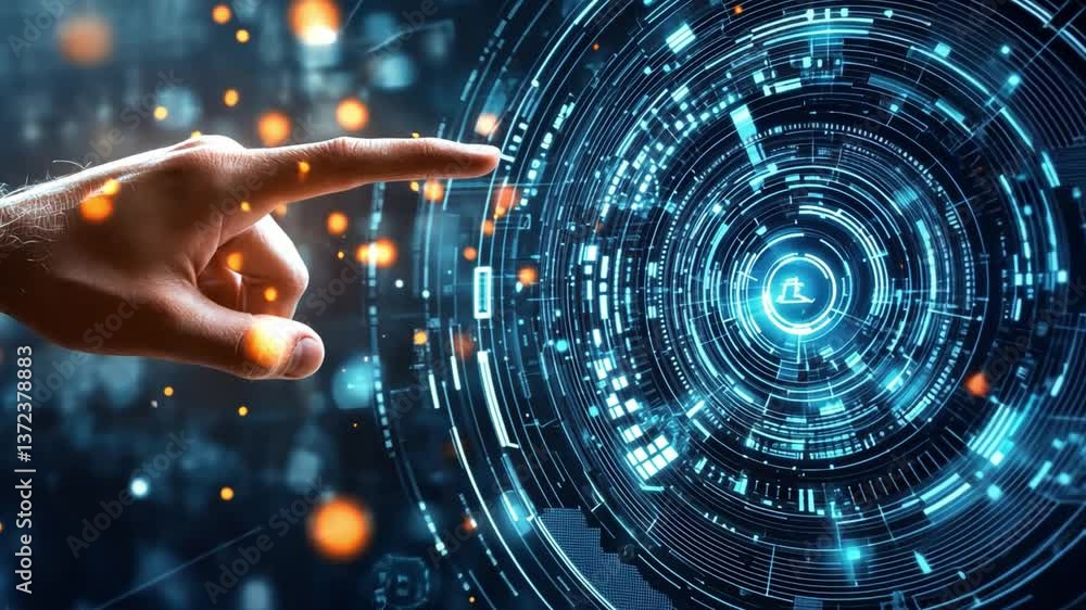Poster futuristic hand interacting with digital interface and holographic elements in a technology backgrou