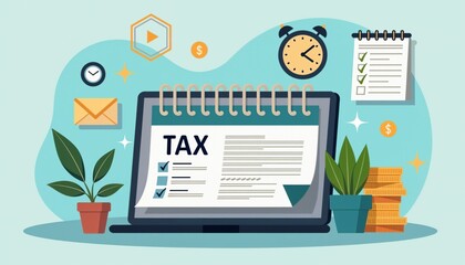 Fototapeta premium Vector concept of tax deadline reminder with calendar, clock, and financial elements