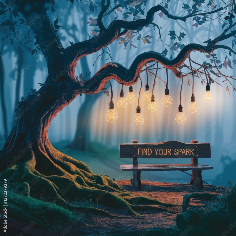Poster enchanted forest scene with glowing hanging light bulbs and a wooden bench inscribed with text find 