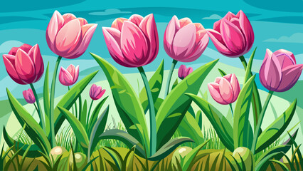 Obraz premium Pink Tulips Flowers Blooming in Grass