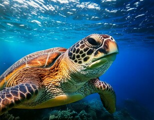 Close-up shot of a green turtle swimming peacefully in crystal clear waters, with intricate details on its patterned shell illuminated by sunlight