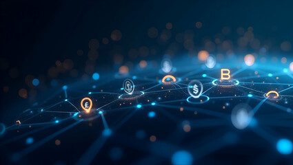 Fototapeta premium Contemporary Wallpaper Design: Abstract Visuals with Digital Grids & Futuristic Currency Icons for Secure Asset Tokenization in Fintech - Ample Space for Corporate Text