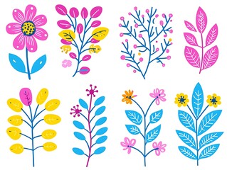 Stylized colorful illustrations of various floral and botanical elements