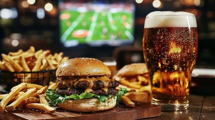 A vibrant bar scene featuring tasty treats and big-screen entertainment.