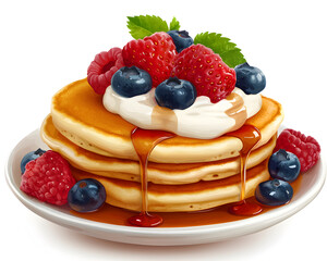 stack of fluffy pancakes topped with fresh berries, whipped cream, and maple syrup, creating delicious and inviting breakfast