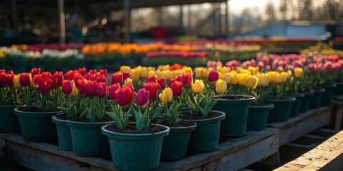 Fototapeta premium Colorful Tulips in Pots with Farm.