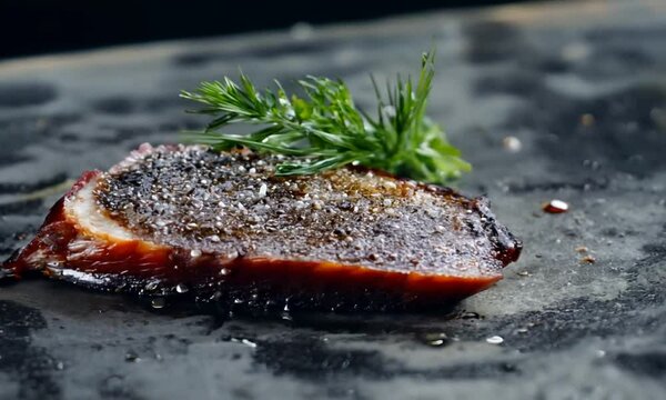 Herring fillet salted and marinated with salt, spices and oil on a dark concrete background