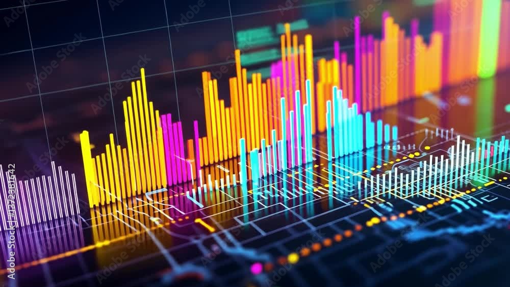 Poster colorful abstract digital data visualization with vibrant graphs and charts for technology and finan