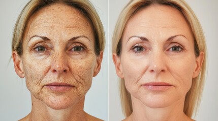Side-by-side facial comparison highlights reduction in deep lines, age spots, and skin tone improvement after anti-aging skincare treatment.