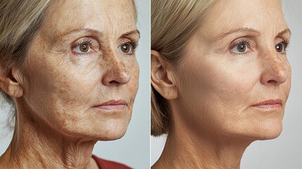 Before and after results of facial treatment show decreased freckles, smoother texture, and more radiant, youthful skin appearance.