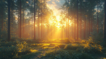 Fototapeta premium Serene forest landscape showcasing golden sunlight through trees 