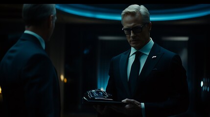 A formally dressed gentleman holding a device in his hands