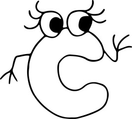 funny roman numeral one hundred with eyes with eyelashes and with hands looking away hand drawn with black lines in grunge style