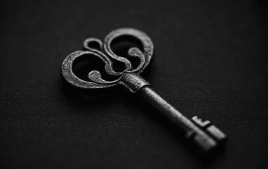 Ornate Black Metal Key on Dark Glittery Surface
