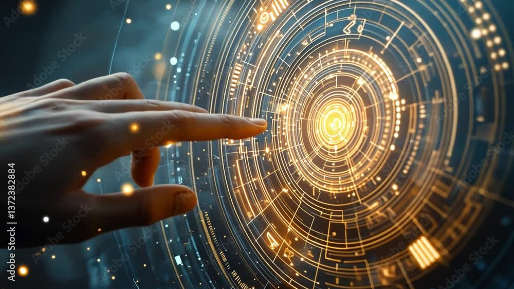 Poster futuristic hand interacting with glowing digital interface and advanced technology in a sci-fi envir