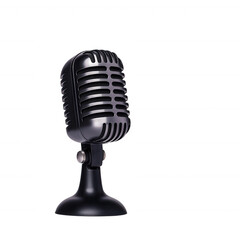 Classic black microphone on a white isolated background, symbolizing music, podcasting, broadcasting, and communication. Ideal for media and entertainment themes.