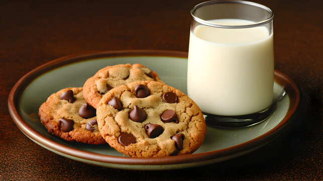 Freshly baked chocolate chip cookies served with glass of milk on rustic plate