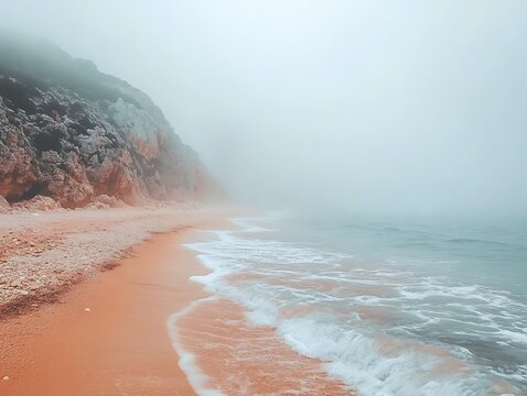 A foggy beach with cliffs and ocean waves at the shoreline