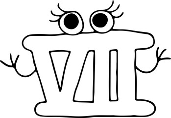 funny roman numeral seven with eyes with eyelashes happily raised its hands and looks at the camera hand drawn with black lines in grunge style