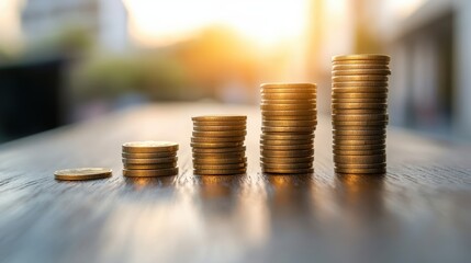 Four stacks of gold coins are arranged on a wooden surface. It represents financial growth, investment, and saving money.