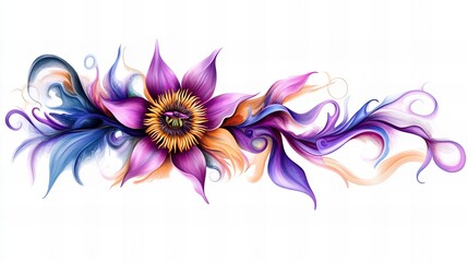 Digital flower illustration displays purple petals with orange accents and swirling, flowing designs against a white background.