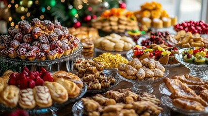 A table filled with delicious Indian sweets and festive decorations.