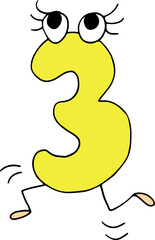 funny jumping yellow number three drawn with black lines in grunge style with eyes with eyelashes and legs