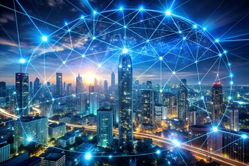 Naklejka premium Connected Smart City – Digital Urban Network and Future Technology Infrastructure