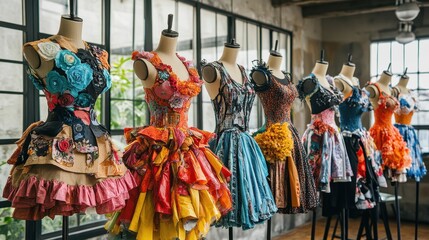Mannequins display upcycled dresses made from recycled materials indoor. Good for illustrating sustainable fashion, reuse, and creative design.