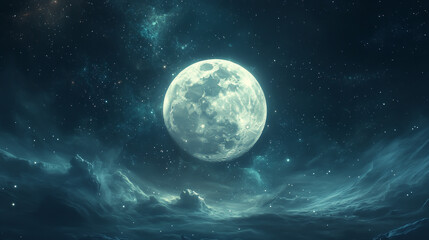 Obraz premium Moon drifting through vast cosmic ocean, surrounded by glowing nebulae, shimmering stardust, soft ethereal glow, celestial deep space beauty, serene illumination, tranquil night sky, infinite cosmos