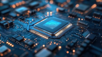 Close-up of a modern blue circuit board with a central processing unit. Use to illustrate technology, data, computing, AI, or microelectronics.