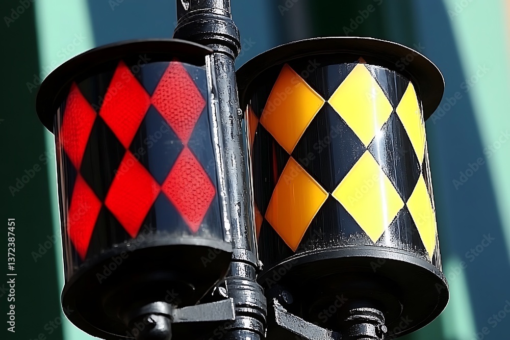 Poster two black pole mounted objects with contrasting color patterns
